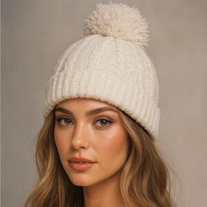 Barefoot Dreams Cream Pom Pom Knit Beanie